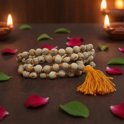 108 bead tulsi mala with a saffron tassel, shown with lit diyas and rose petals