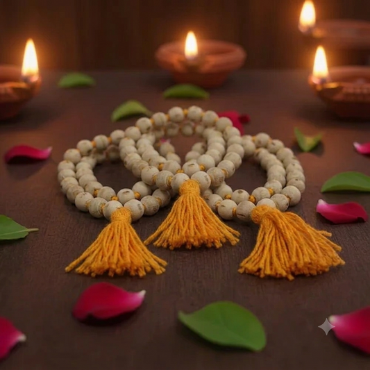 Three 108 bead tulsi malas with saffron tassels, the set of three bundle