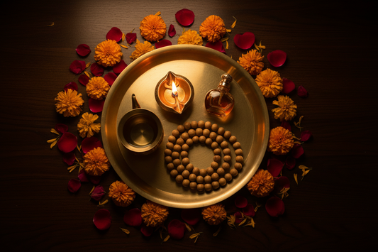 A brass puja thali holding a lit diya, a bottle of attar, a water vessel and a Tulsi mala, ringed by marigolds and rose petals