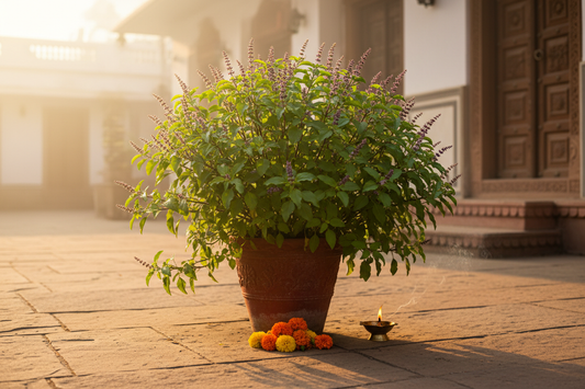 A flowering Tulsi plant in a terracotta pot in a temple courtyard at sunrise, with marigolds and a lit diya at its base