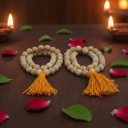 Two 108 bead tulsi malas with saffron tassels, the set of two bundle