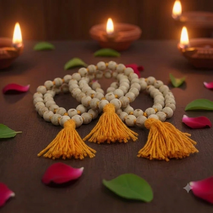Three tulsi malas of 108 beads each, laid out with diyas and rose petals