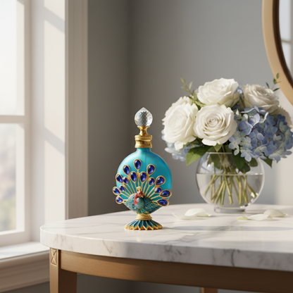 A decorative turquoise glass perfume bottle with a peacock-inspired blue