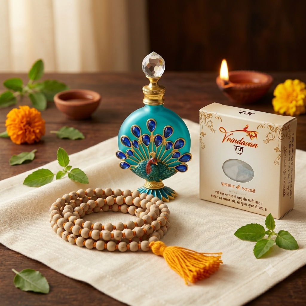 Vrindavan Gift Set: a 108-bead tulsi mala with a saffron tassel, a peacock sandalwood attar bottle and a box of Braj Raj on a linen cloth, with marigolds, tulsi leaves and a lit diya
