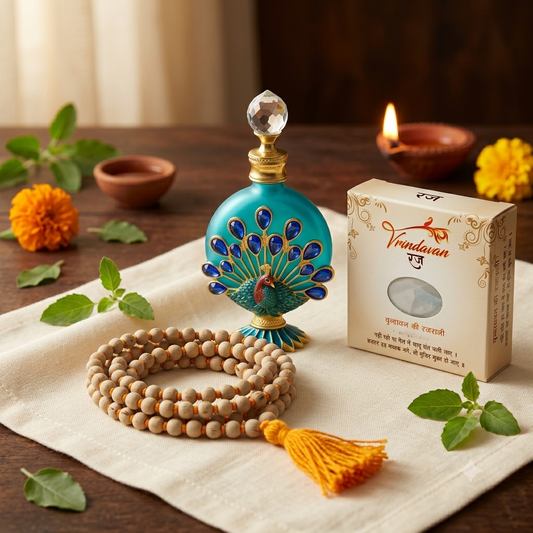 Vrindavan Gift Set: a 108-bead tulsi mala with a saffron tassel, a peacock sandalwood attar bottle and a box of Braj Raj on a linen cloth, with marigolds, tulsi leaves and a lit diya